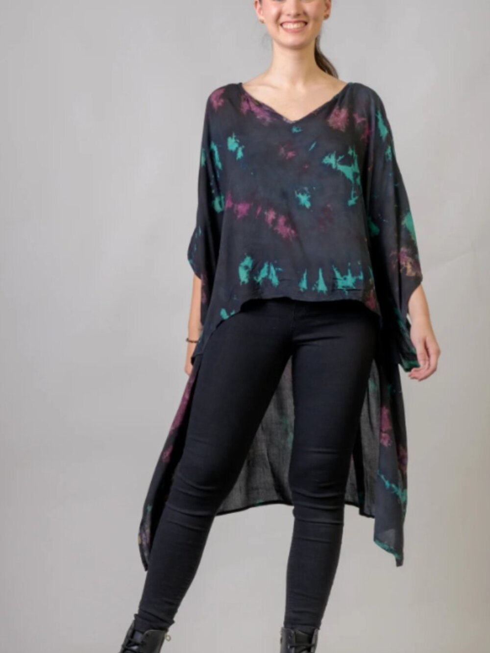 Rhea Costa Black V-Neck High-Low Tie-Dye Tunic with Teal and Magenta Accents